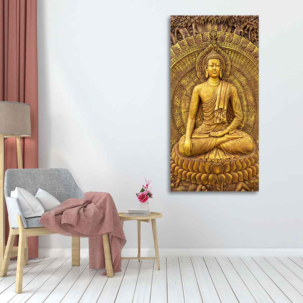 Golden Statue of Lord Gautam Buddha Canvas Wall Painting - Image 4