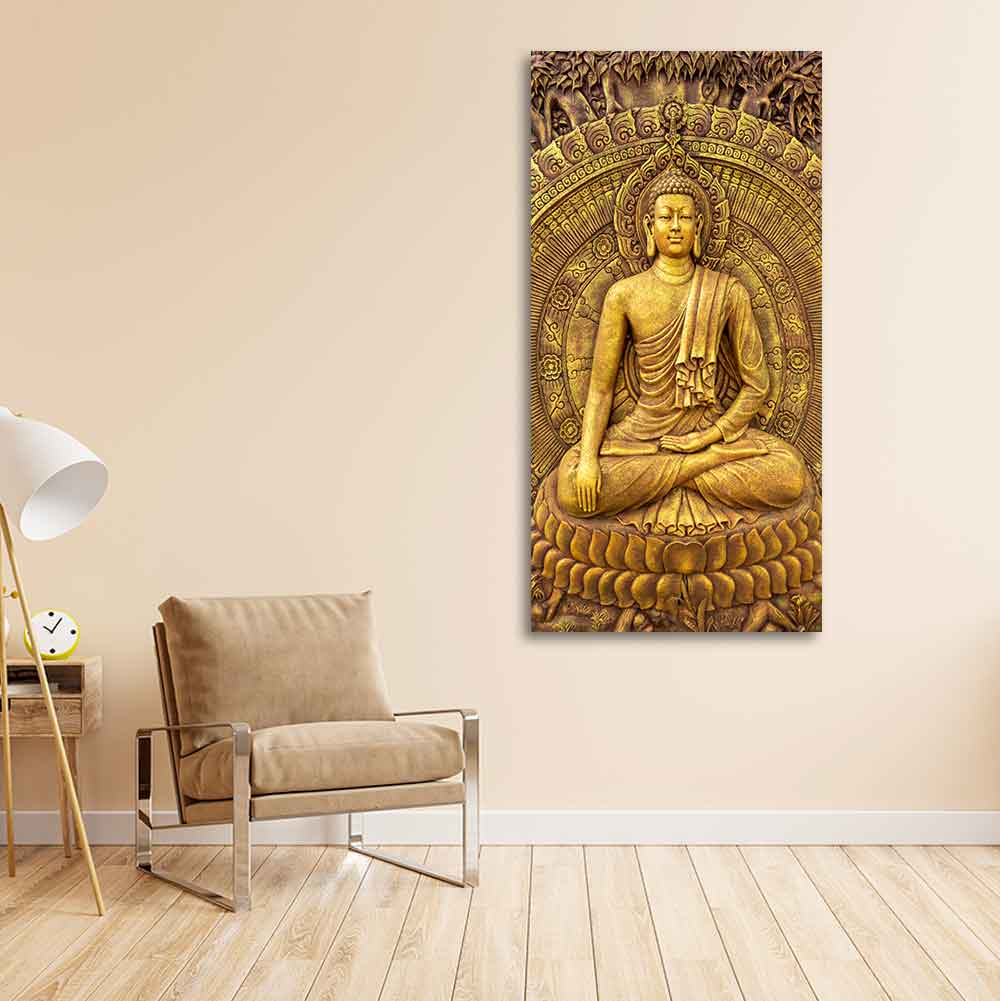 Golden Statue of Lord Gautam Buddha Canvas Wall Painting - Image 5