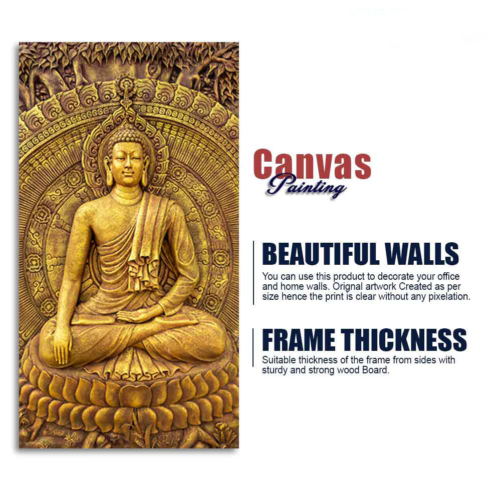 Golden Statue of Lord Gautam Buddha Canvas Wall Painting - Image 8