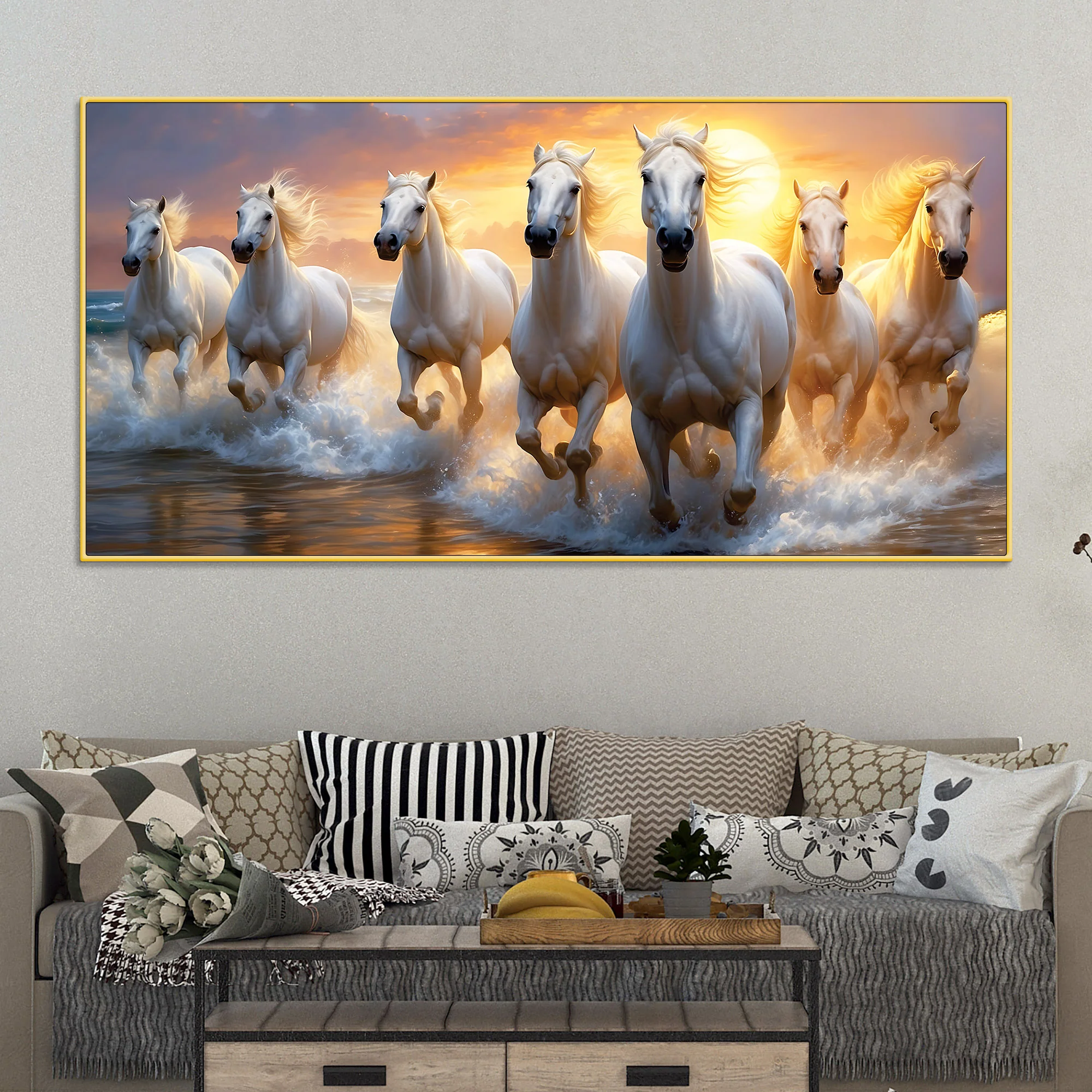 Golden Sunset Running White Horses Canvas wall Painting - Image 2