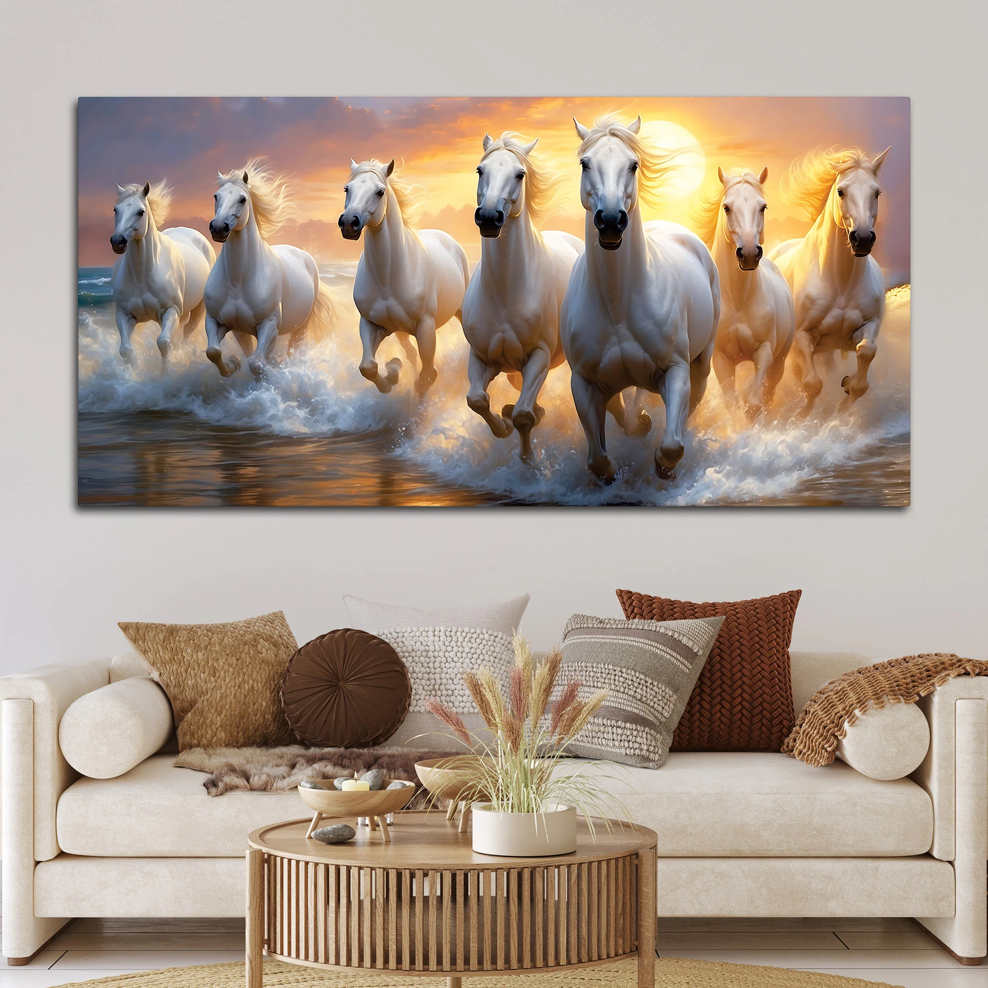 Golden Sunset Running White Horses Canvas wall Painting - Image 3
