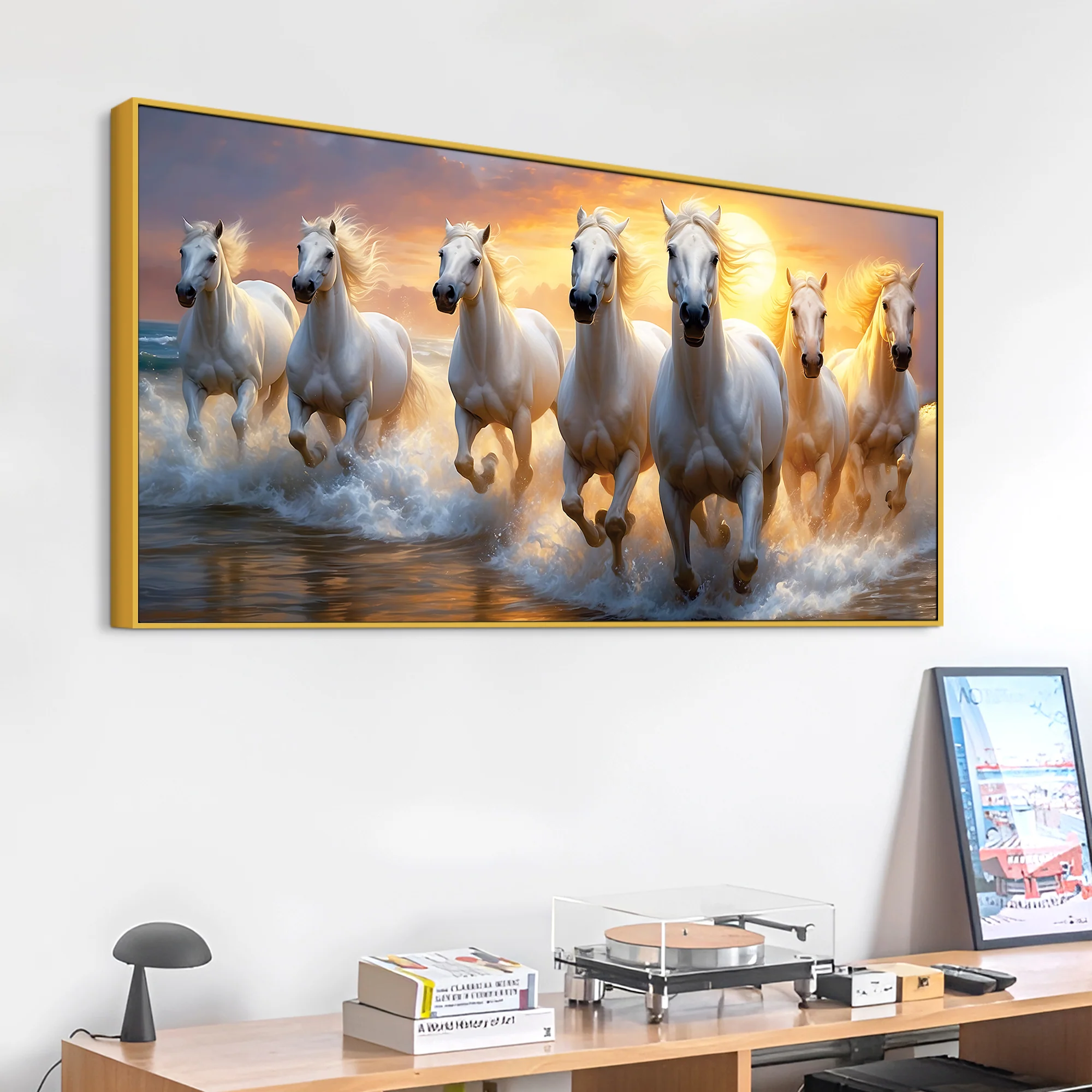 Golden Sunset Running White Horses Canvas wall Painting - Image 4