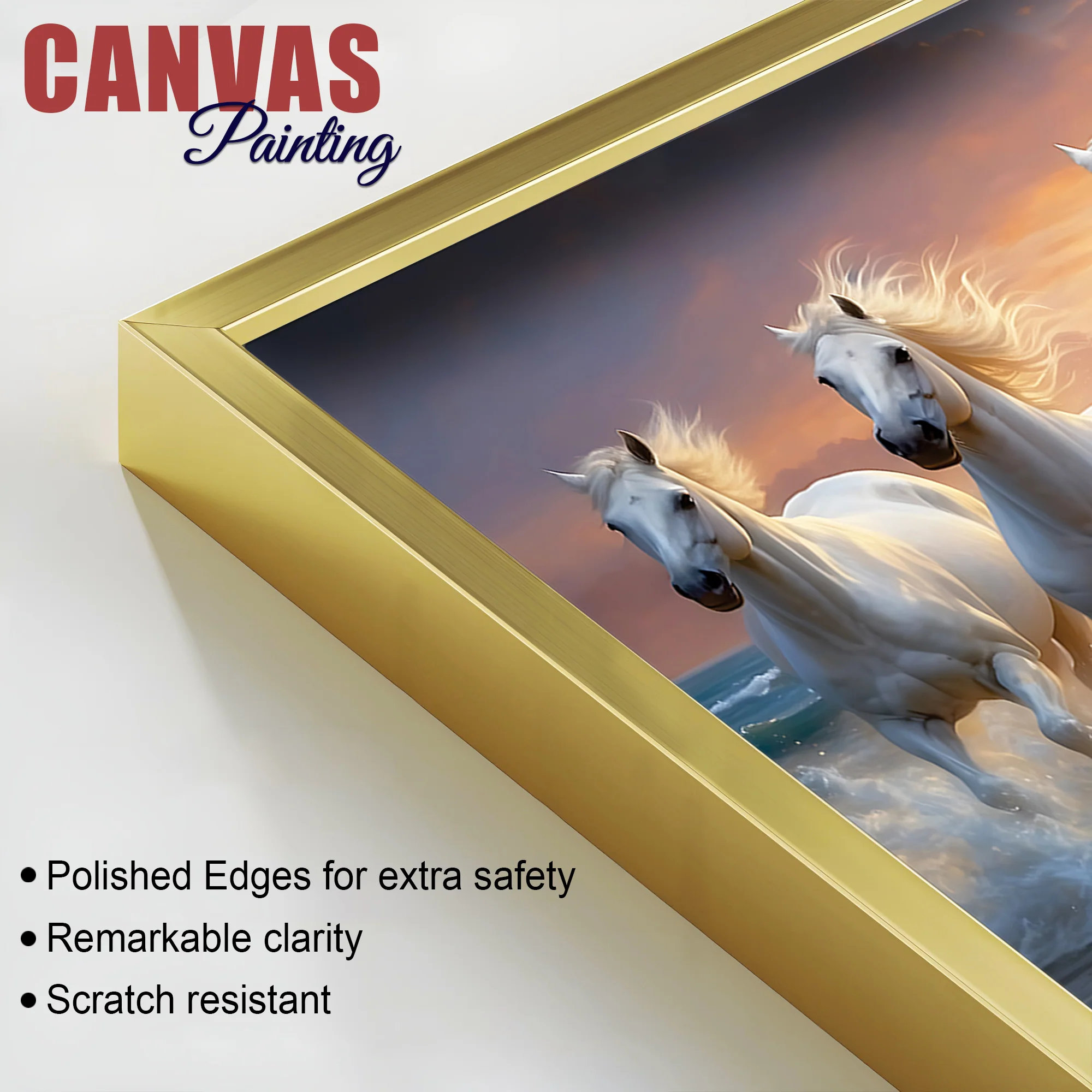 Golden Sunset Running White Horses Canvas wall Painting - Image 6