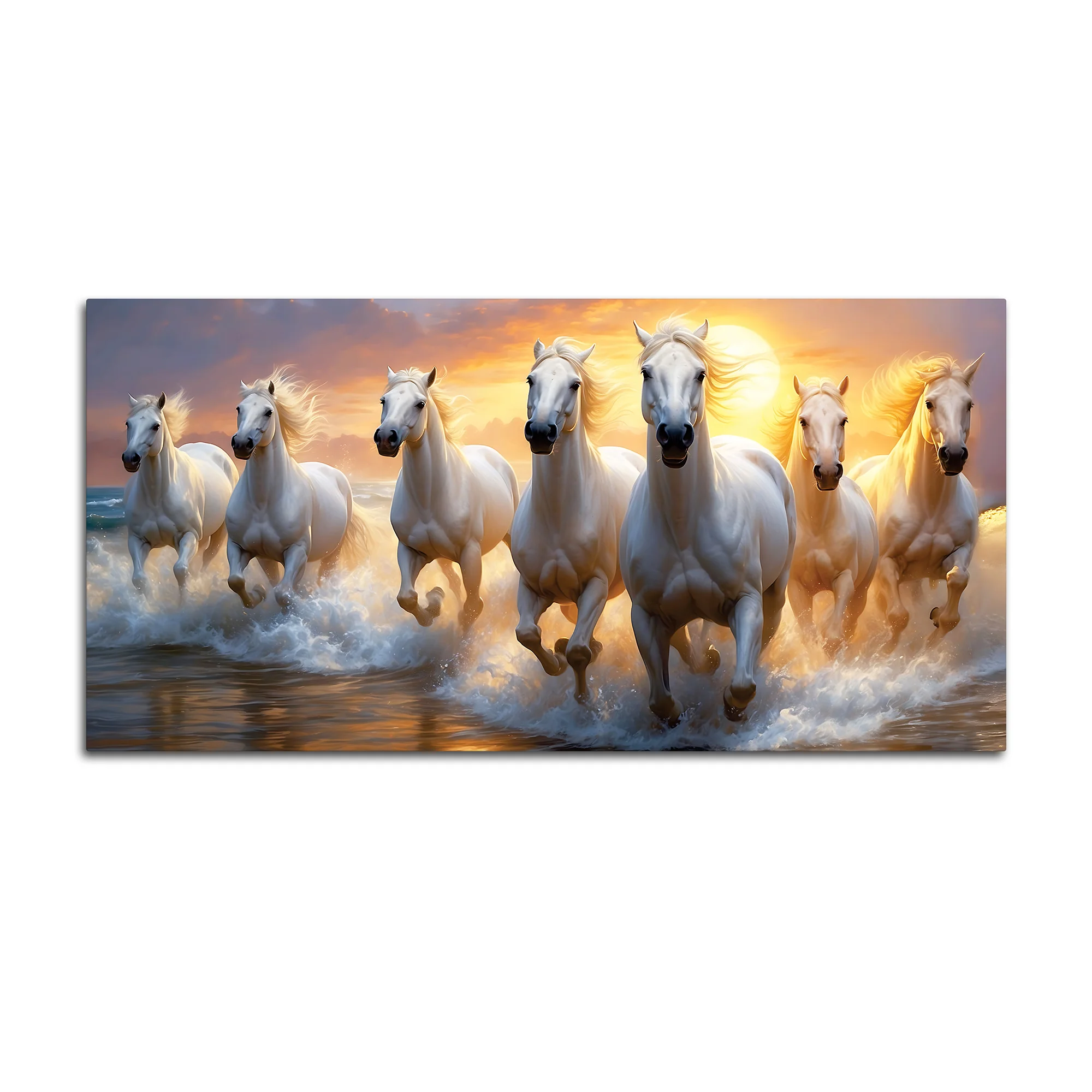 Golden Sunset Running White Horses Canvas wall Painting - Image 7