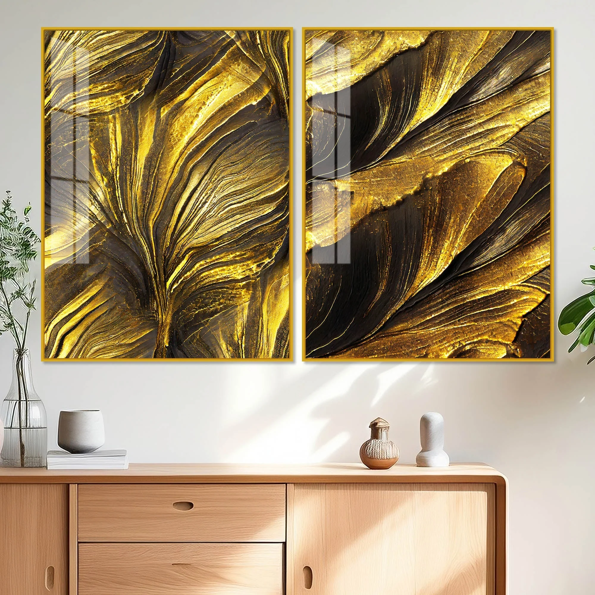 Golden Texture Acrylic Floating Wall Painting Set of 2 - Image 2