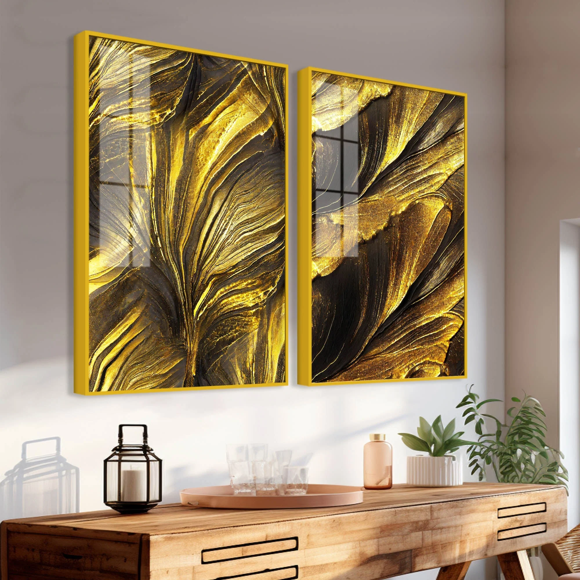 Golden Texture Acrylic Floating Wall Painting Set of 2 - Image 3