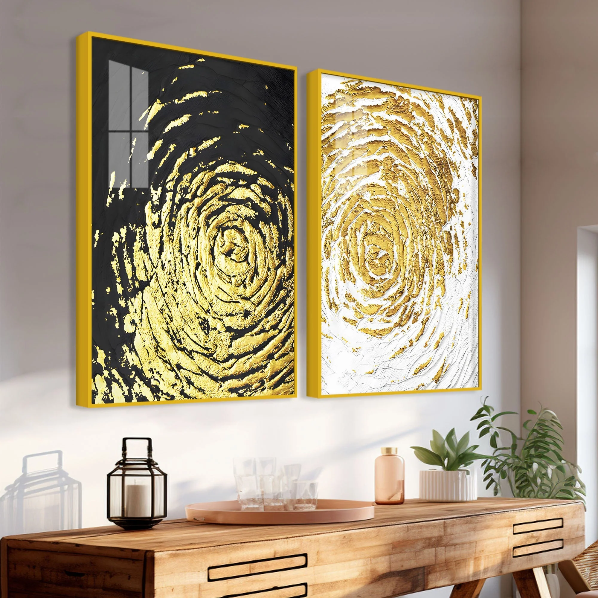 Golden Textured Acrylic Floating Wall Painting Set of 2 - Image 3