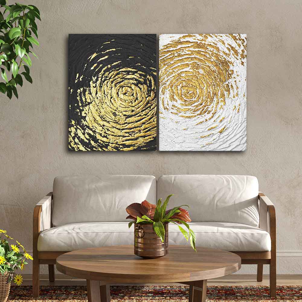 Golden Textured Canvas Wall Painting of Two Pieces - Image 2