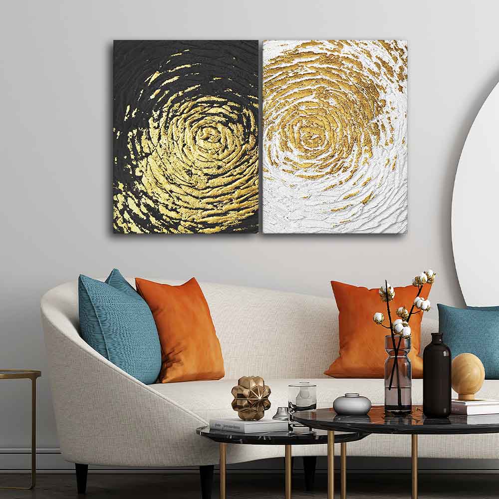 Golden Textured Canvas Wall Painting of Two Pieces - Image 3