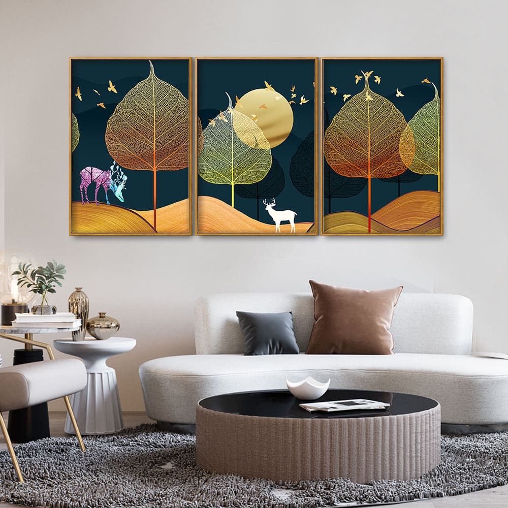 Golden Textured Leaves Floating Canvas Wall Painting Set of Three - Image 2