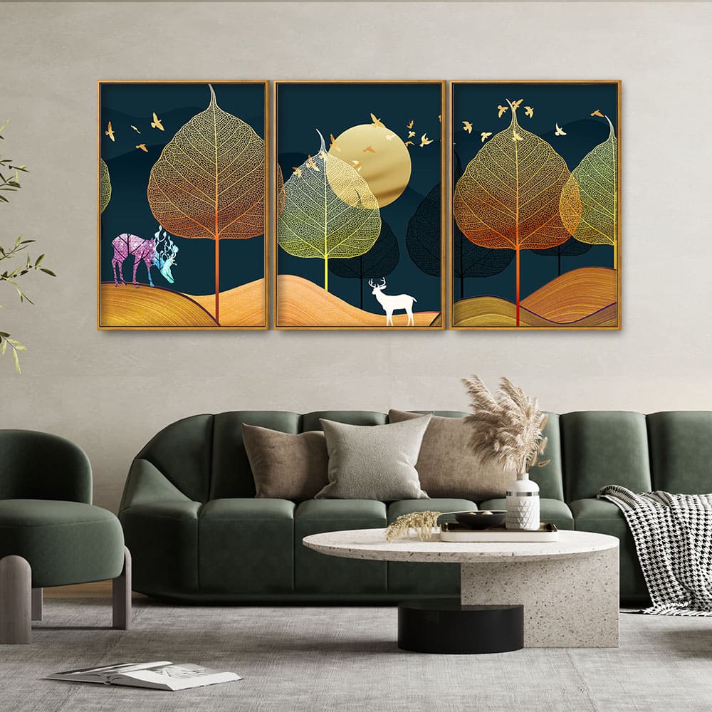 Golden Textured Leaves Floating Canvas Wall Painting Set of Three - Image 3