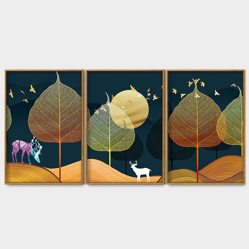Golden Textured Leaves Floating Canvas Wall Painting Set of Three - Image 4