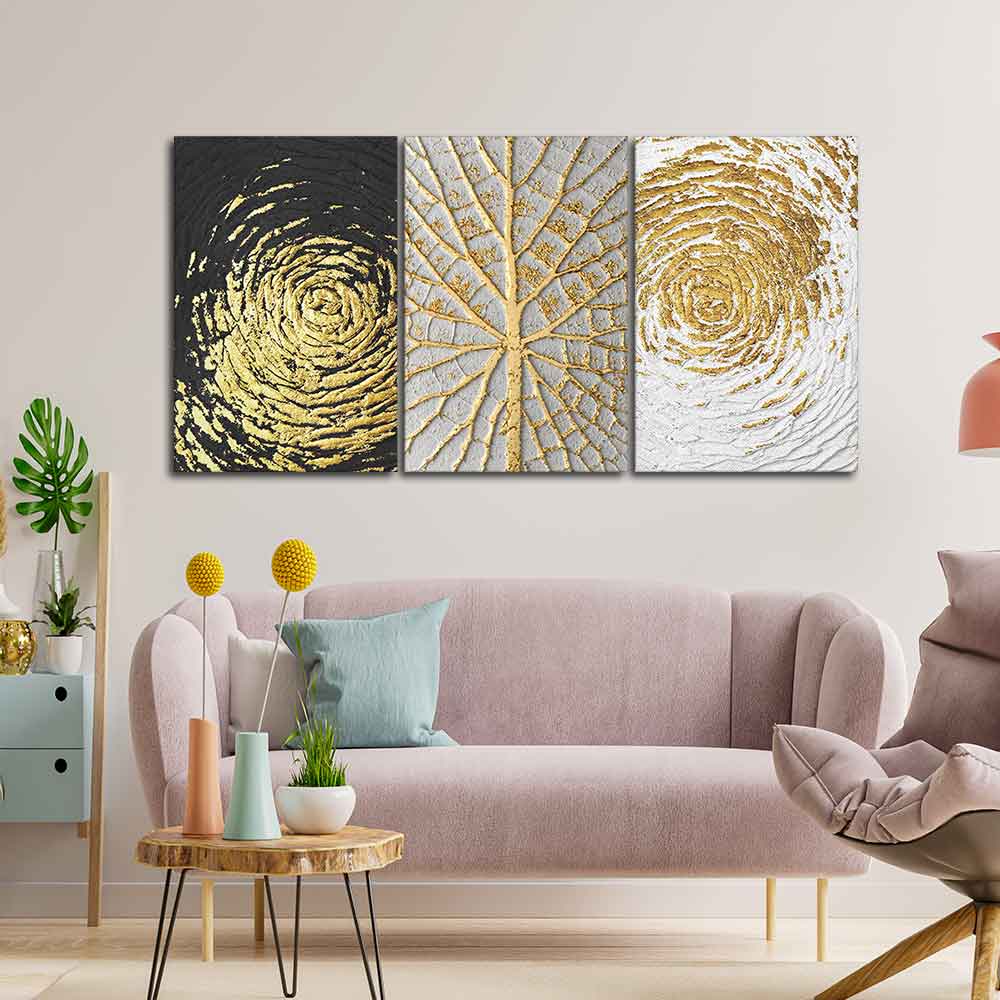 Golden Textured Wall Painting of 3 Pieces - Image 2