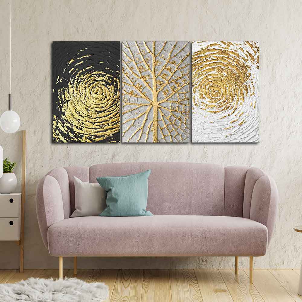 Golden Textured Wall Painting of 3 Pieces - Image 3