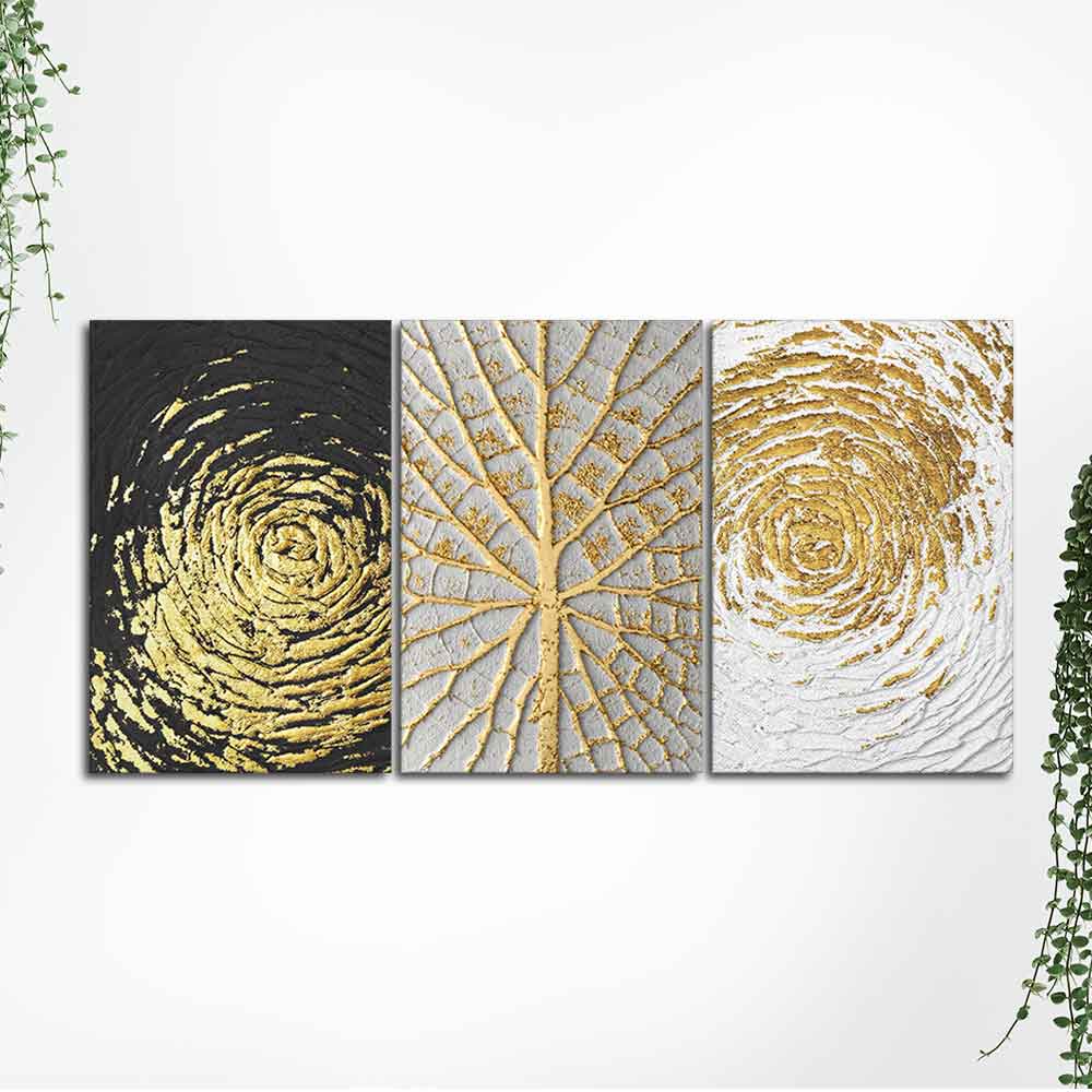 Golden Textured Wall Painting of 3 Pieces - Image 5