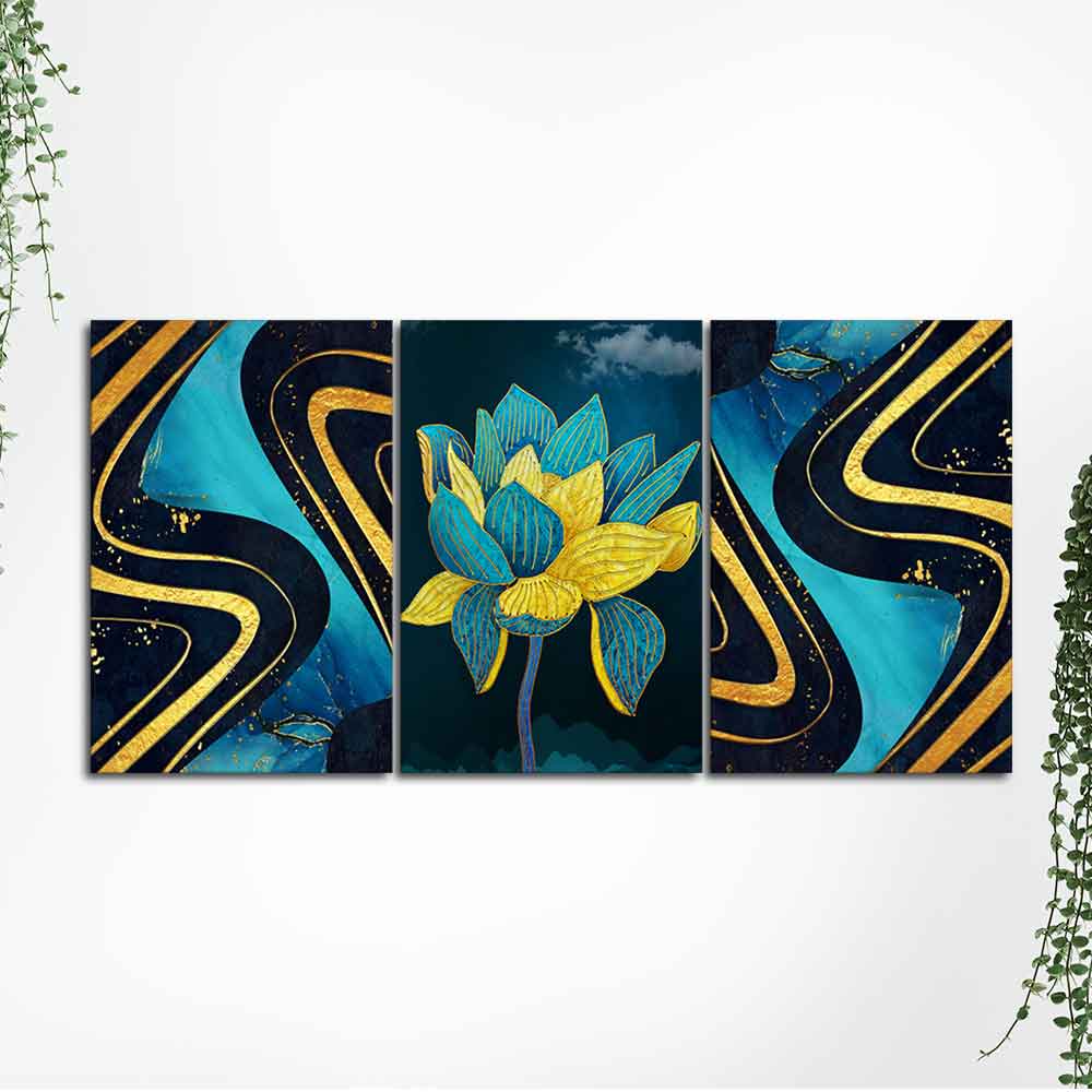 Golden Textures and Turquoise Flowers Wall Painting of 3 Pieces - Image 5
