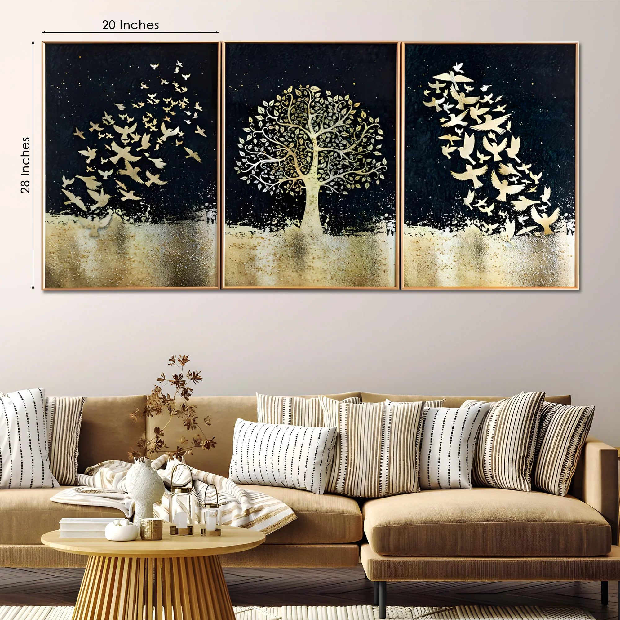 Golden Tree & Birds Framed Crystal Glass Painting Set of 3 - Image 3