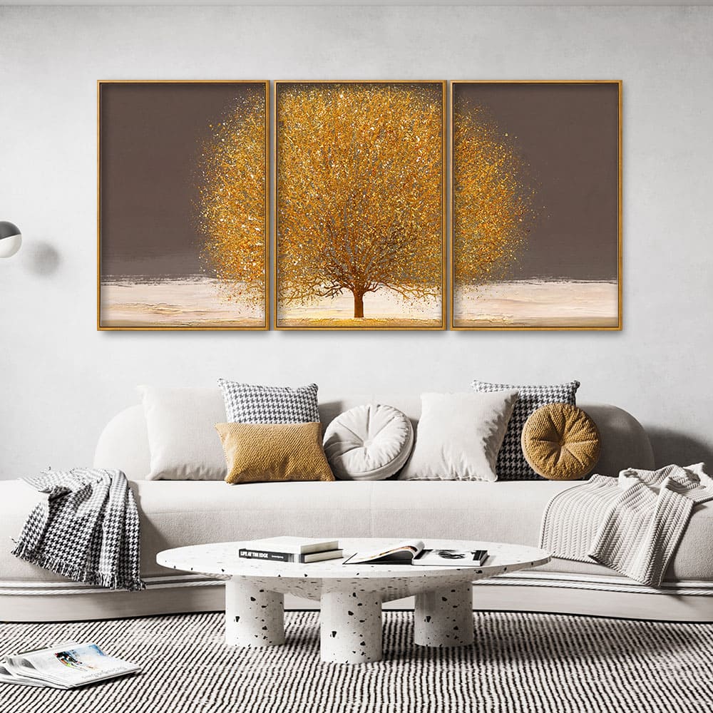 Golden Tree with Elements of gold textures Floating Canvas Wall Painting Set of Three - Image 2
