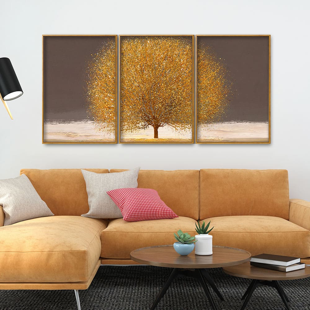 Golden Tree with Elements of gold textures Floating Canvas Wall Painting Set of Three - Image 3