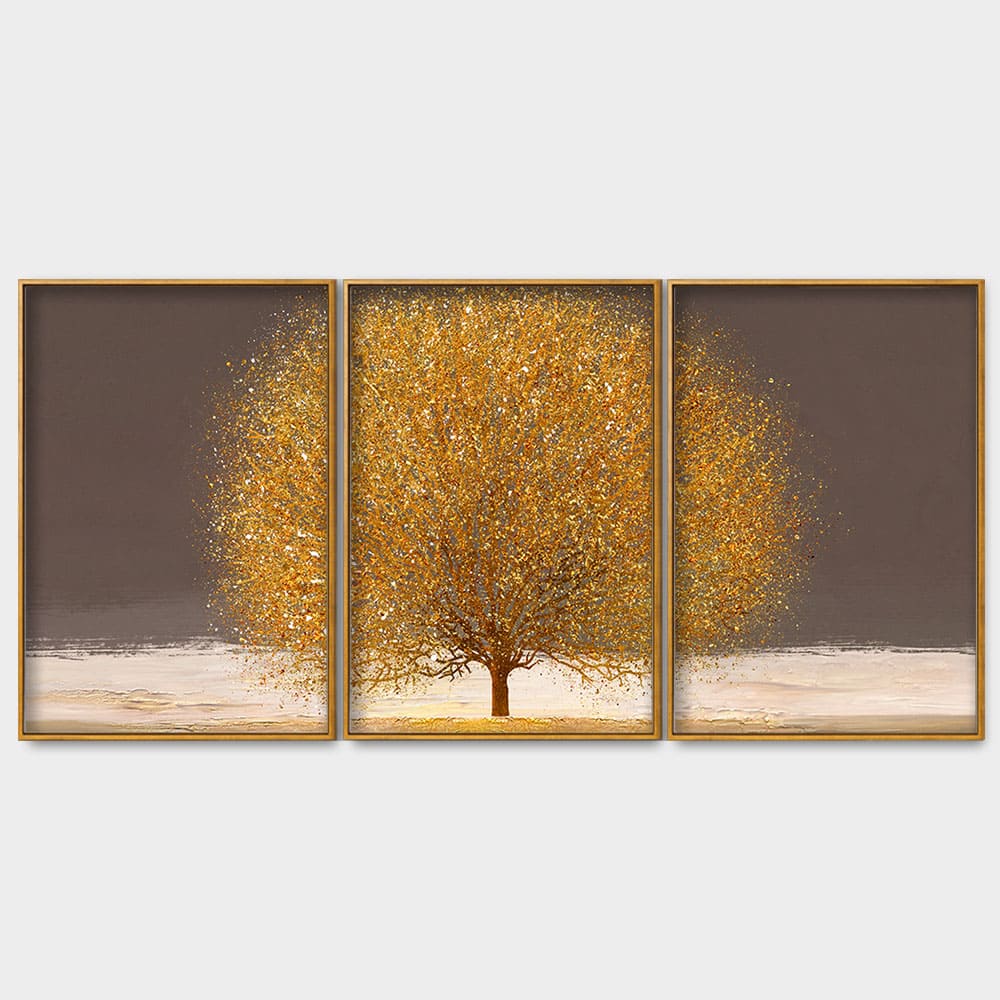 Golden Tree with Elements of gold textures Floating Canvas Wall Painting Set of Three - Image 4