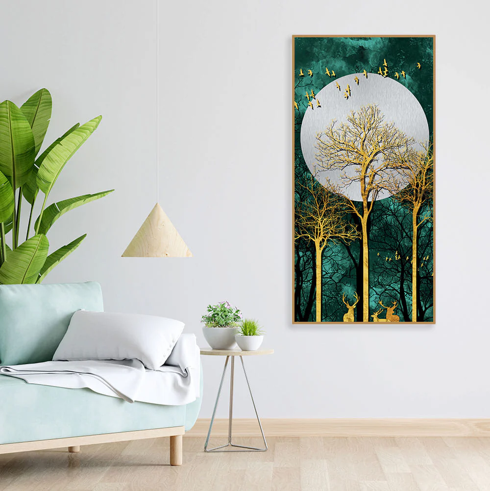 Golden Tree with Moon and Flying Birds Premium Canvas Wall Painting - Image 3
