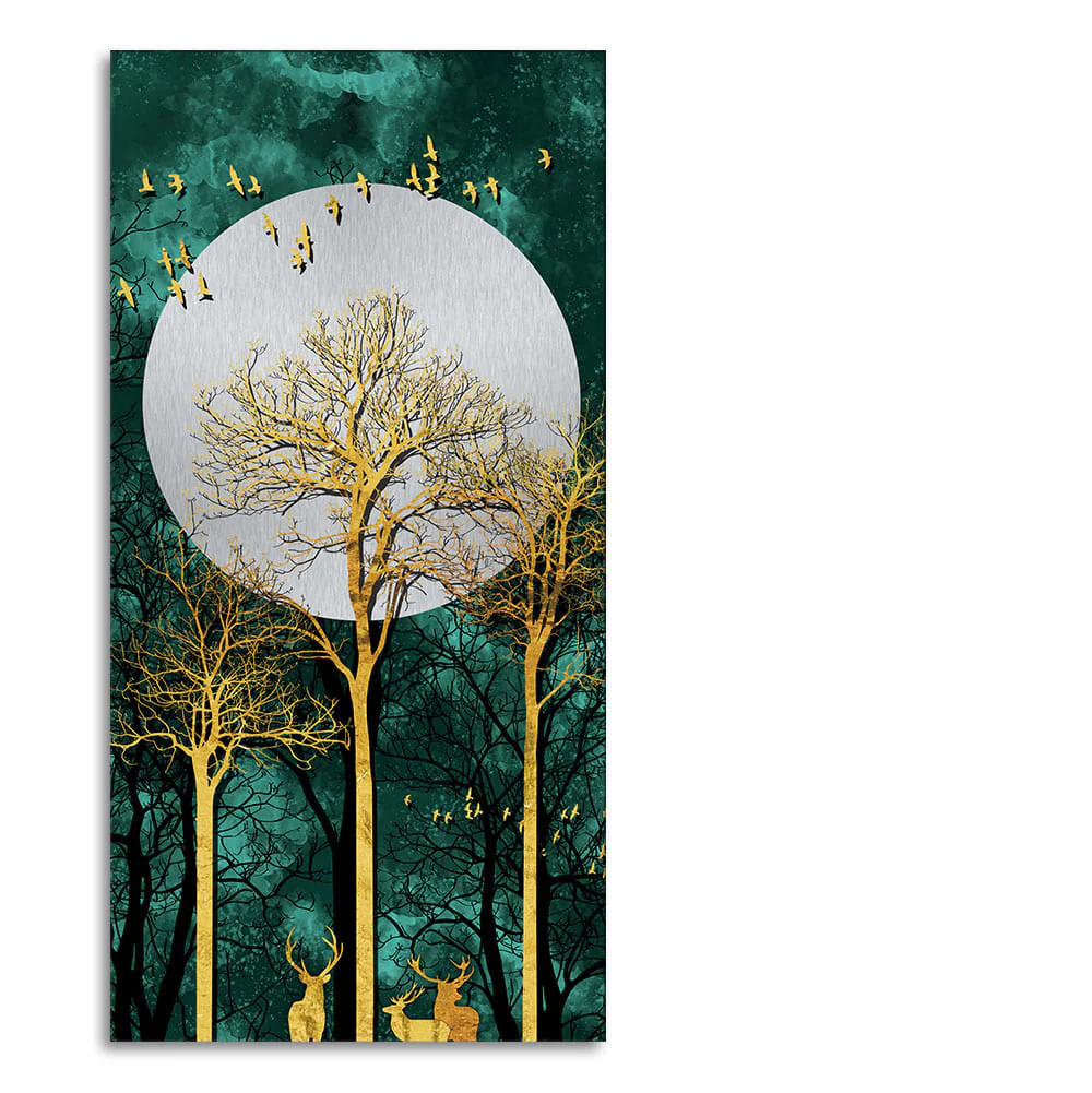 Golden Tree with Moon and Flying Birds Premium Canvas Wall Painting - Image 4