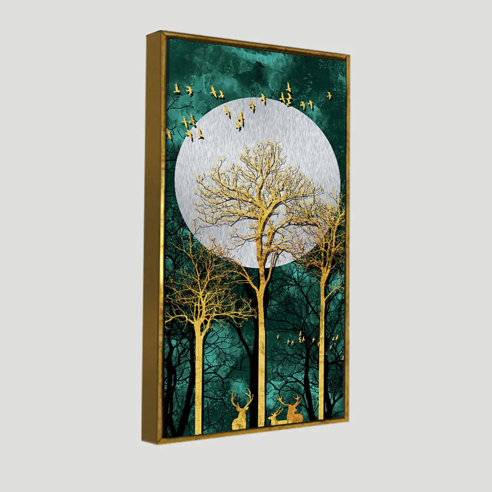 Golden Tree with Moon and Flying Birds Premium Canvas Wall Painting - Image 5