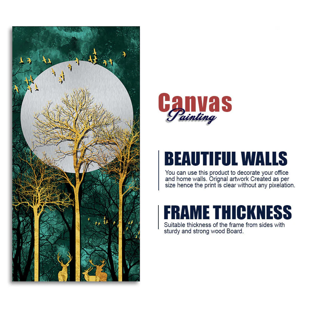 Golden Tree with Moon and Flying Birds Premium Canvas Wall Painting - Image 6