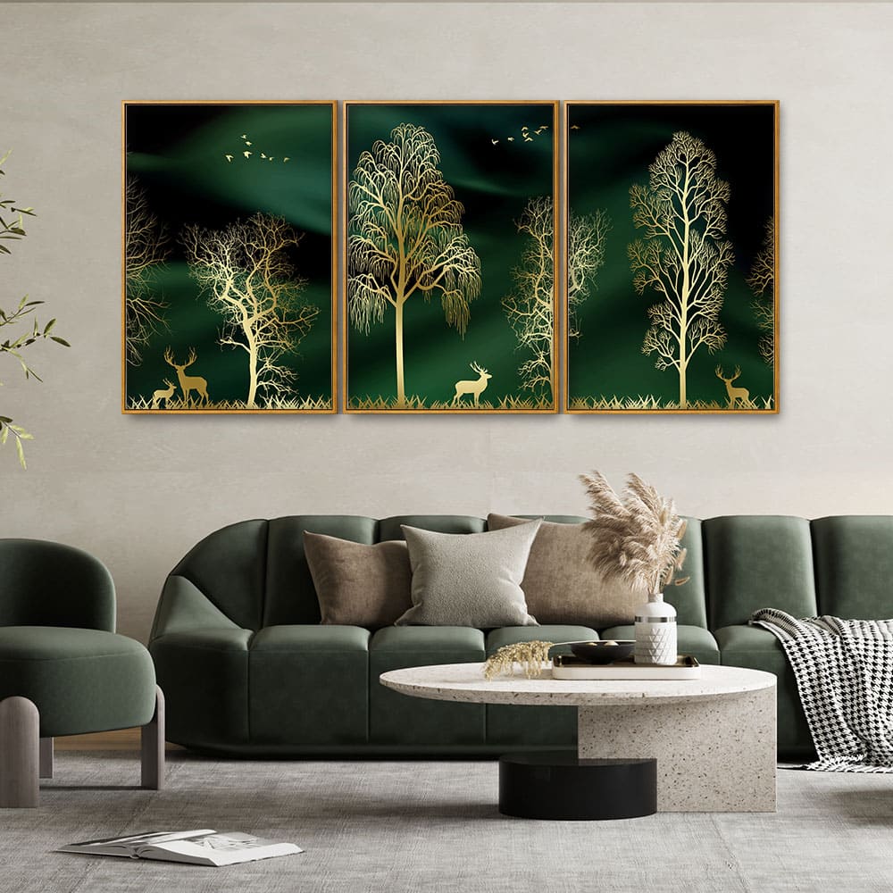 Golden Trees and Deer Modern Art Premium Floating Canvas Wall Painting Set of Three - Image 2