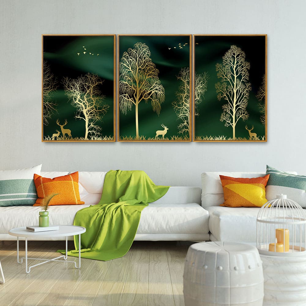 Golden Trees and Deer Modern Art Premium Floating Canvas Wall Painting Set of Three - Image 3