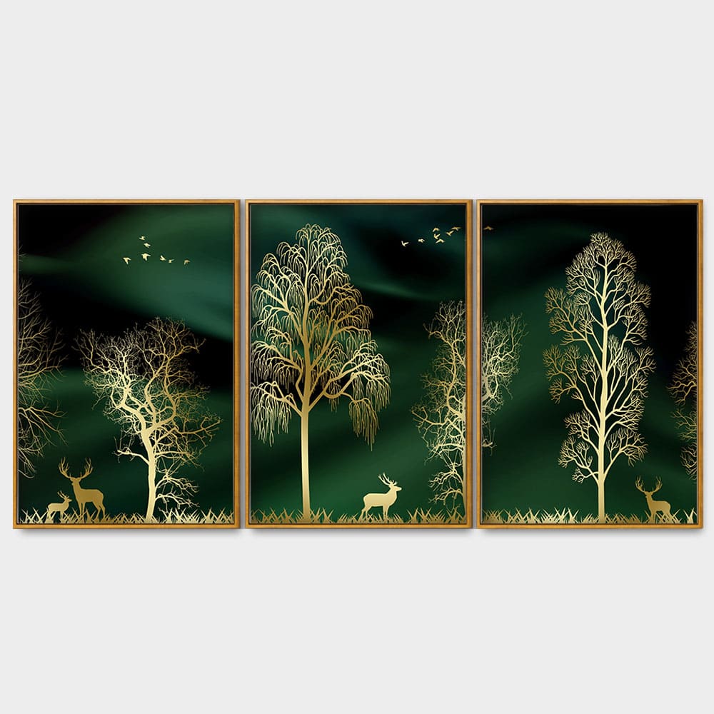 Golden Trees and Deer Modern Art Premium Floating Canvas Wall Painting Set of Three - Image 4