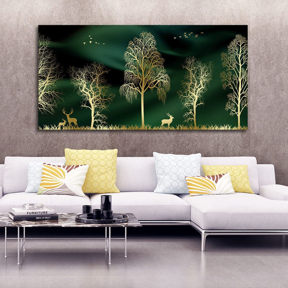 Golden Trees and Deer Modern Art Premium Wall Painting - Image 2