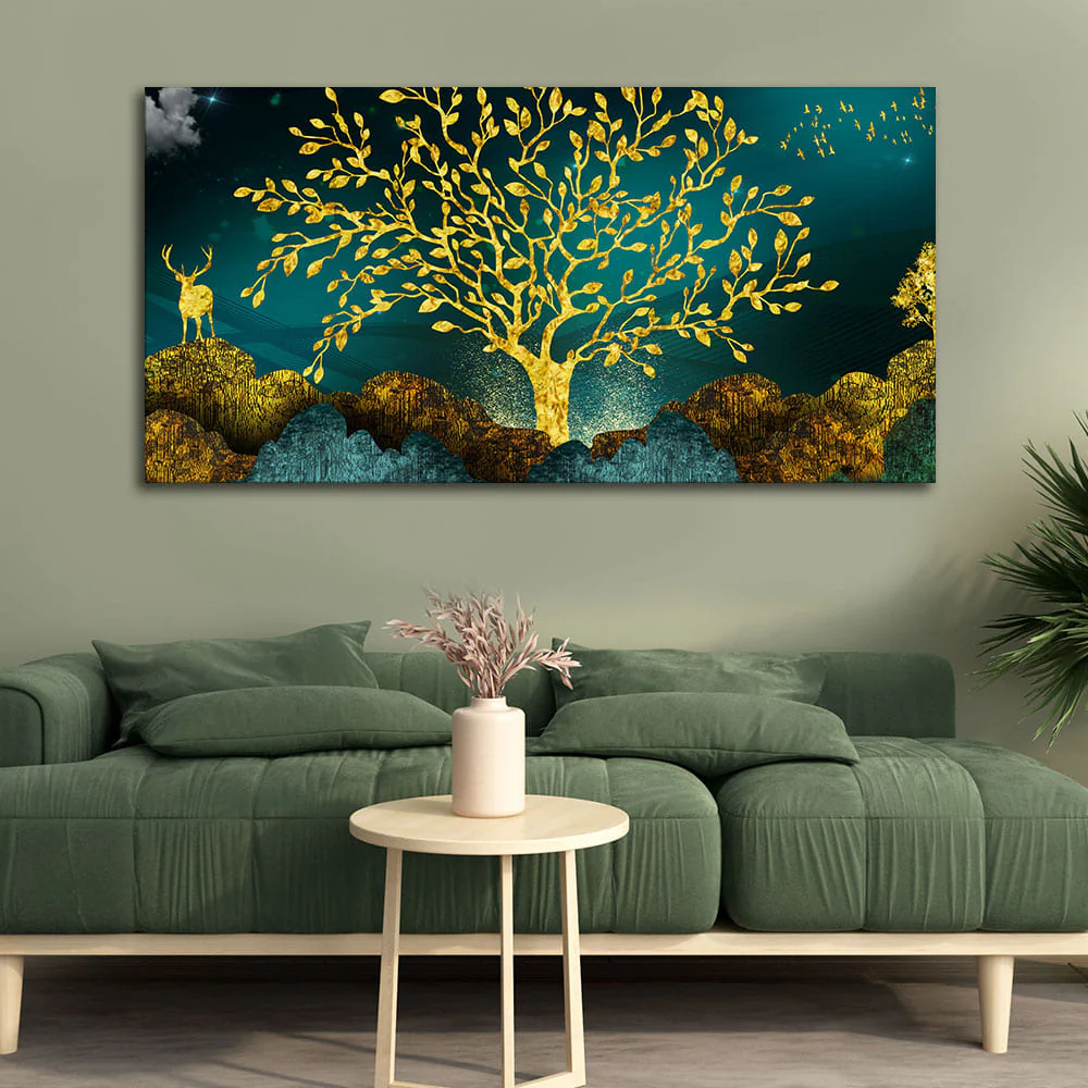 Golden Trees and Deer with Hills Premium Canvas Print Wall Painting - Image 2