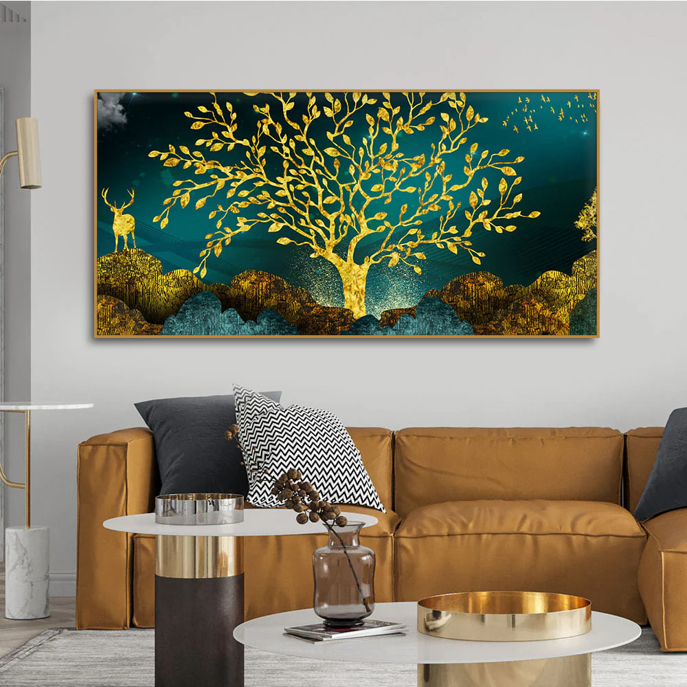Golden Trees and Deer with Hills Premium Canvas Print Wall Painting - Image 3