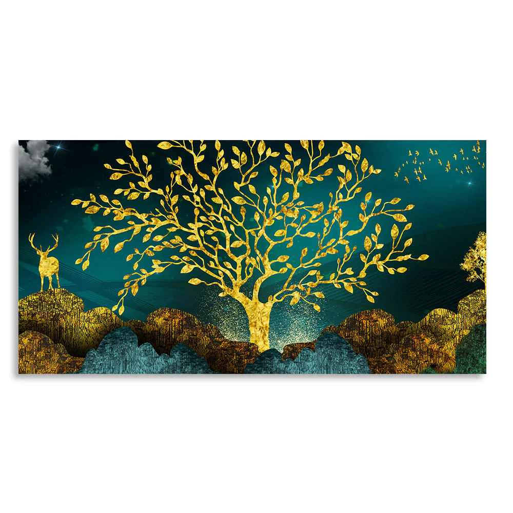 Golden Trees and Deer with Hills Premium Canvas Print Wall Painting - Image 4