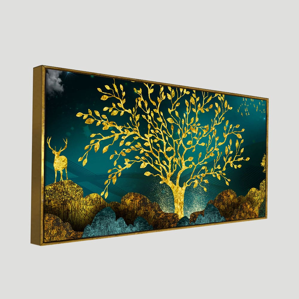 Golden Trees and Deer with Hills Premium Canvas Print Wall Painting - Image 5