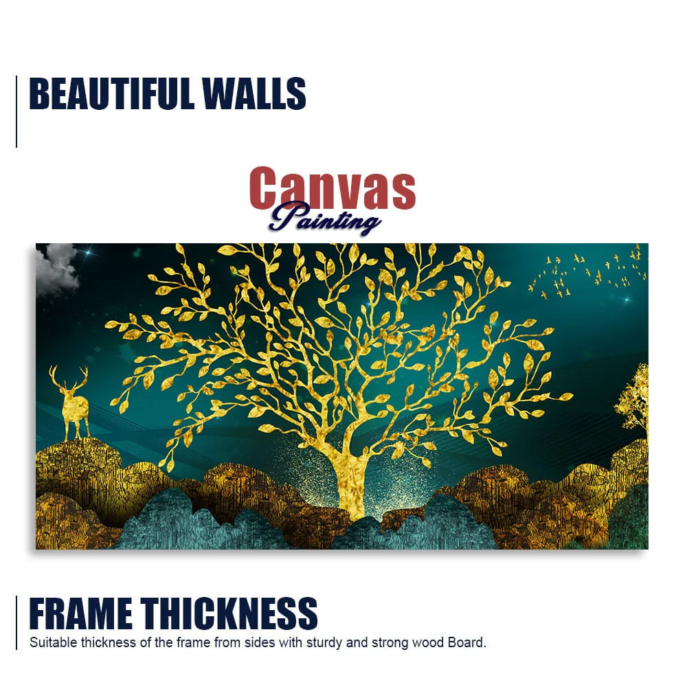 Golden Trees and Deer with Hills Premium Canvas Print Wall Painting - Image 6