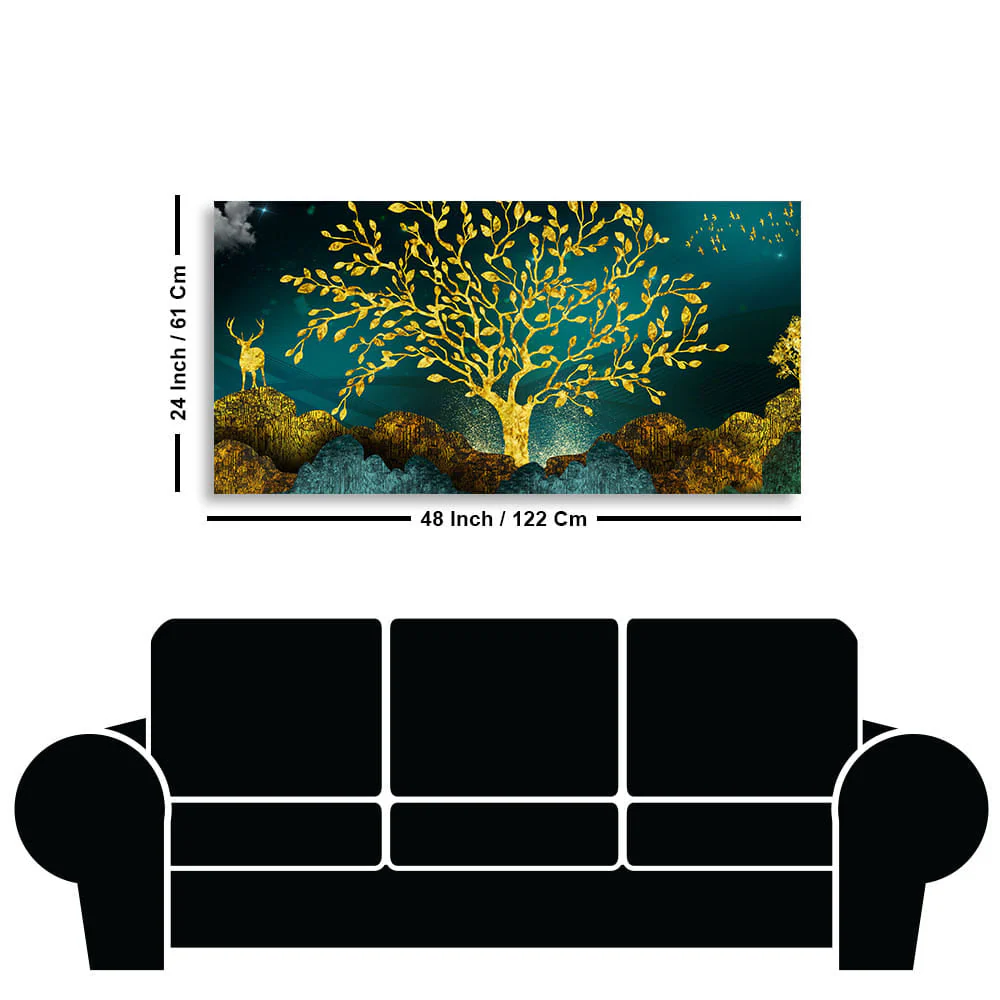 Golden Trees and Deer with Hills Premium Canvas Print Wall Painting - Image 7
