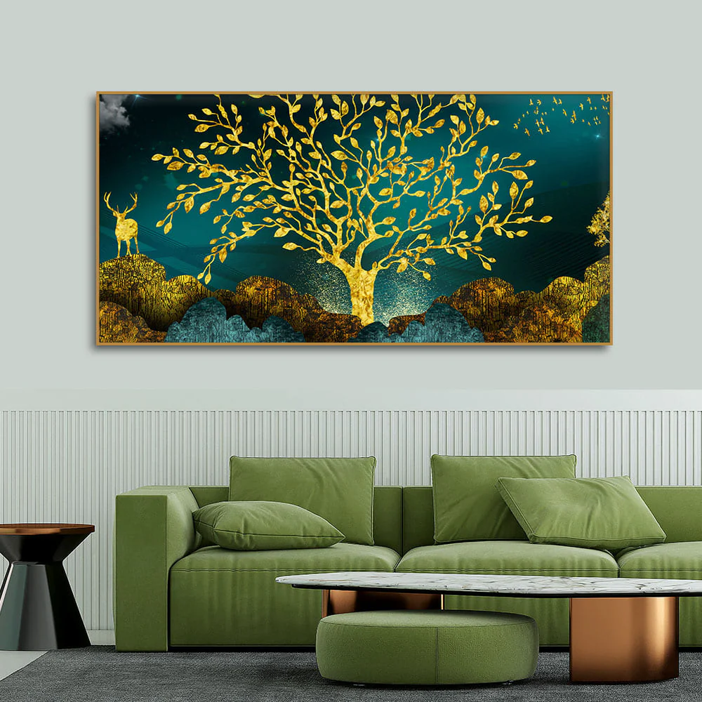 Golden Trees and Deer with Hills Premium Canvas Print Wall Painting - Image 8