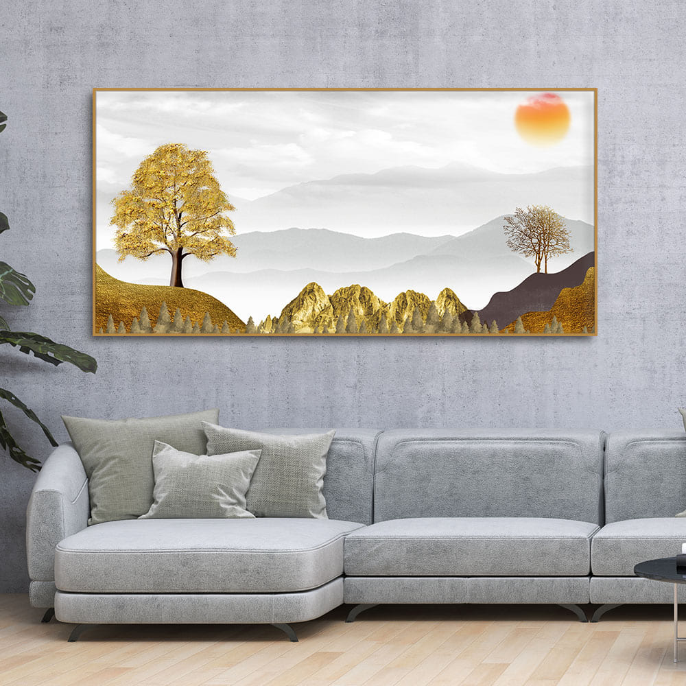 Golden Trees with Beautiful Sunrise Premium Canvas Wall Painting - Image 3