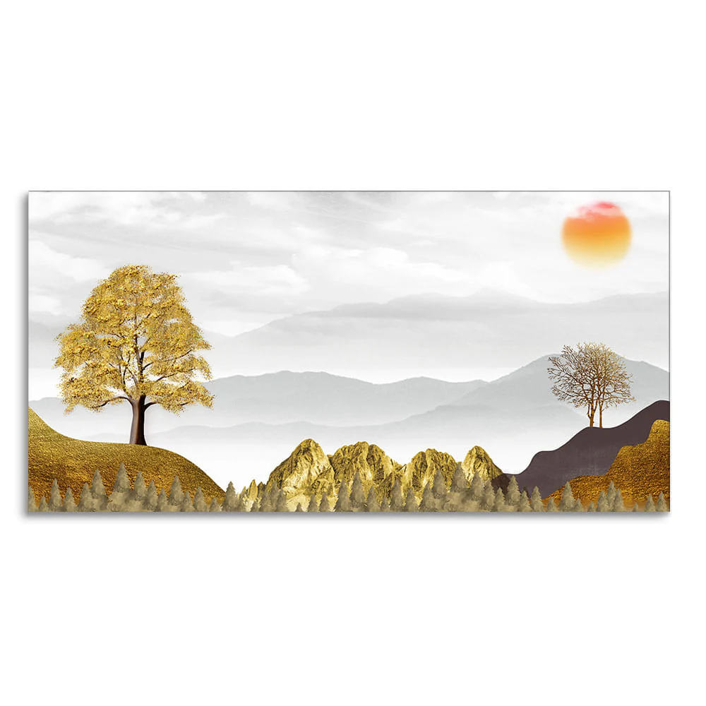 Golden Trees with Beautiful Sunrise Premium Canvas Wall Painting - Image 4