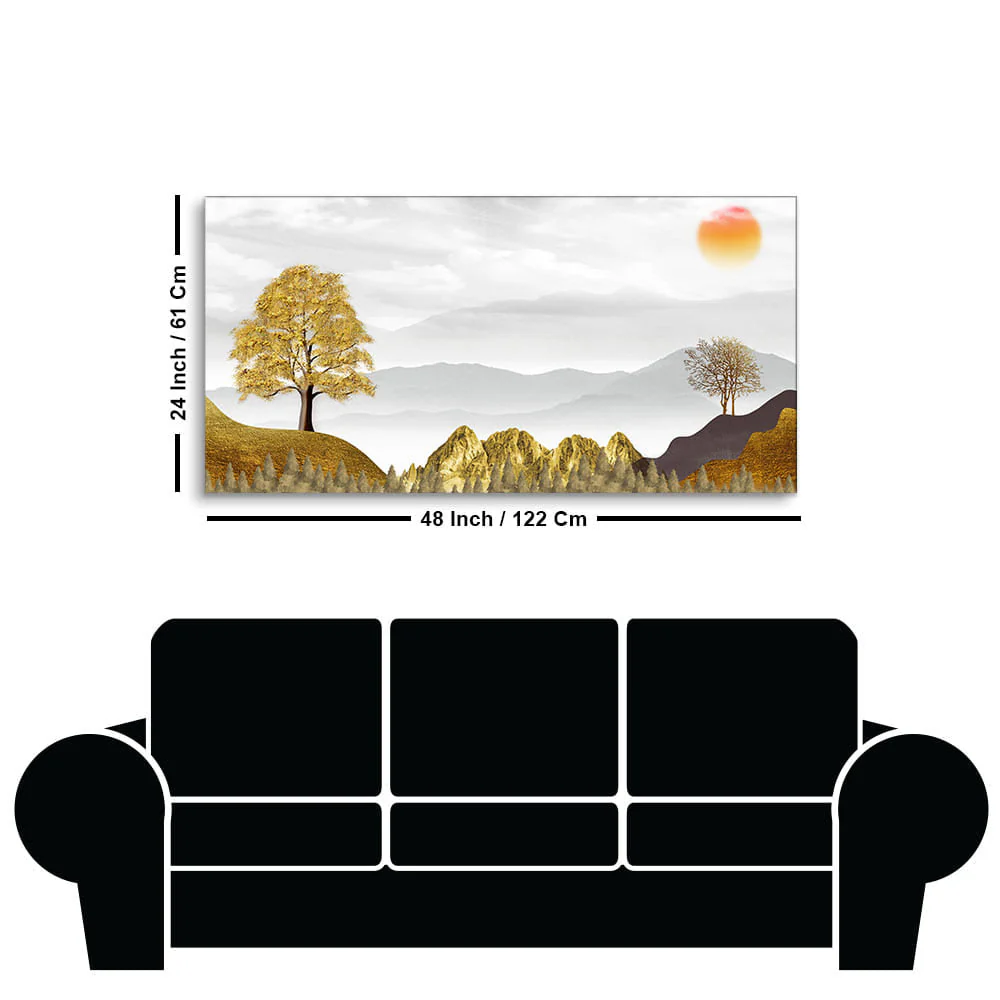 Golden Trees with Beautiful Sunrise Premium Canvas Wall Painting - Image 7