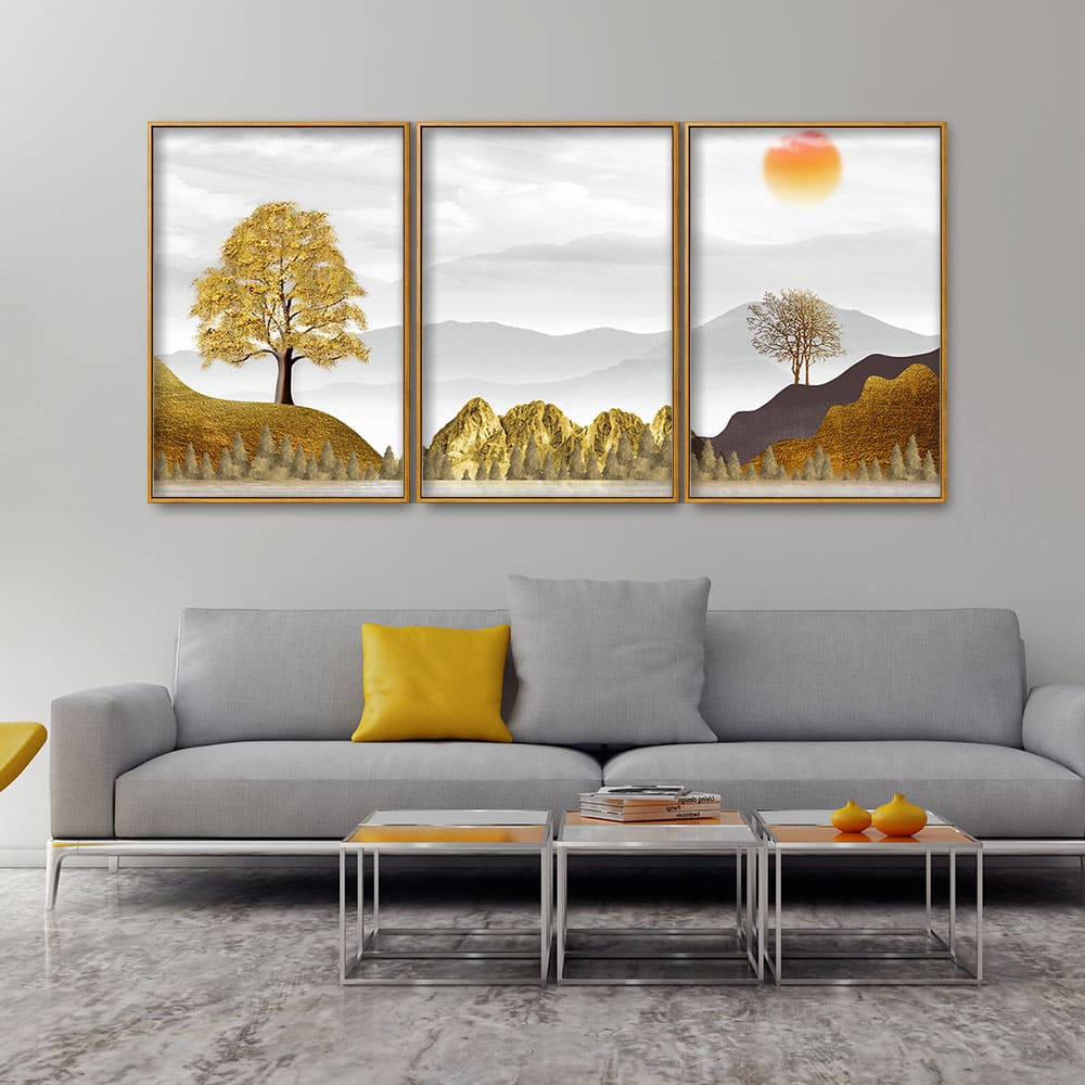 Golden Trees with Beautiful Sunrise Premium Floating Canvas Wall Painting Set of Three - Image 2