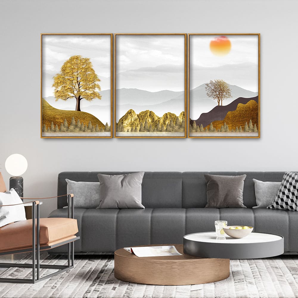 Golden Trees with Beautiful Sunrise Premium Floating Canvas Wall Painting Set of Three - Image 3