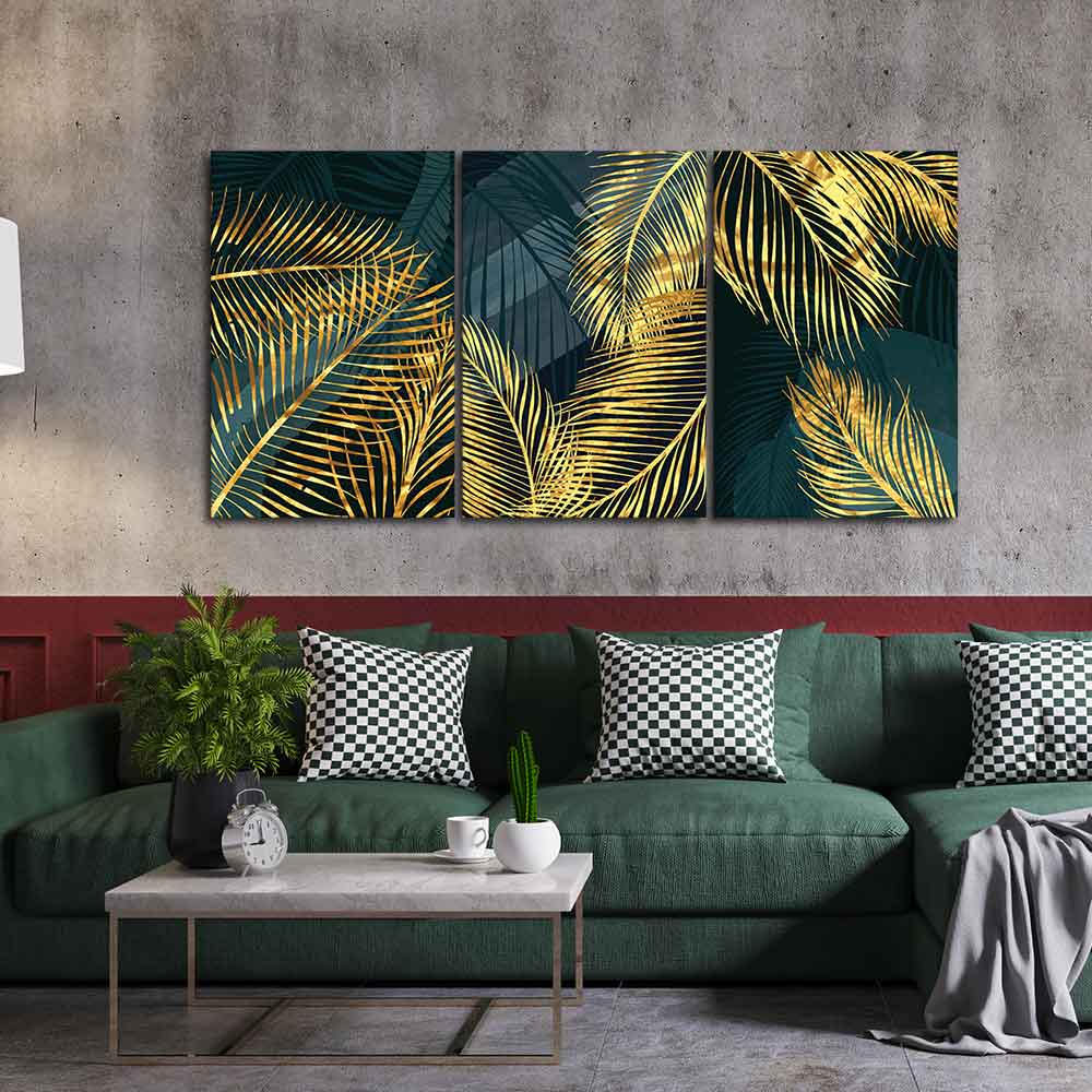 Golden Tropical Palm Leaves Canvas Wall Painting 3 Pieces - Image 2