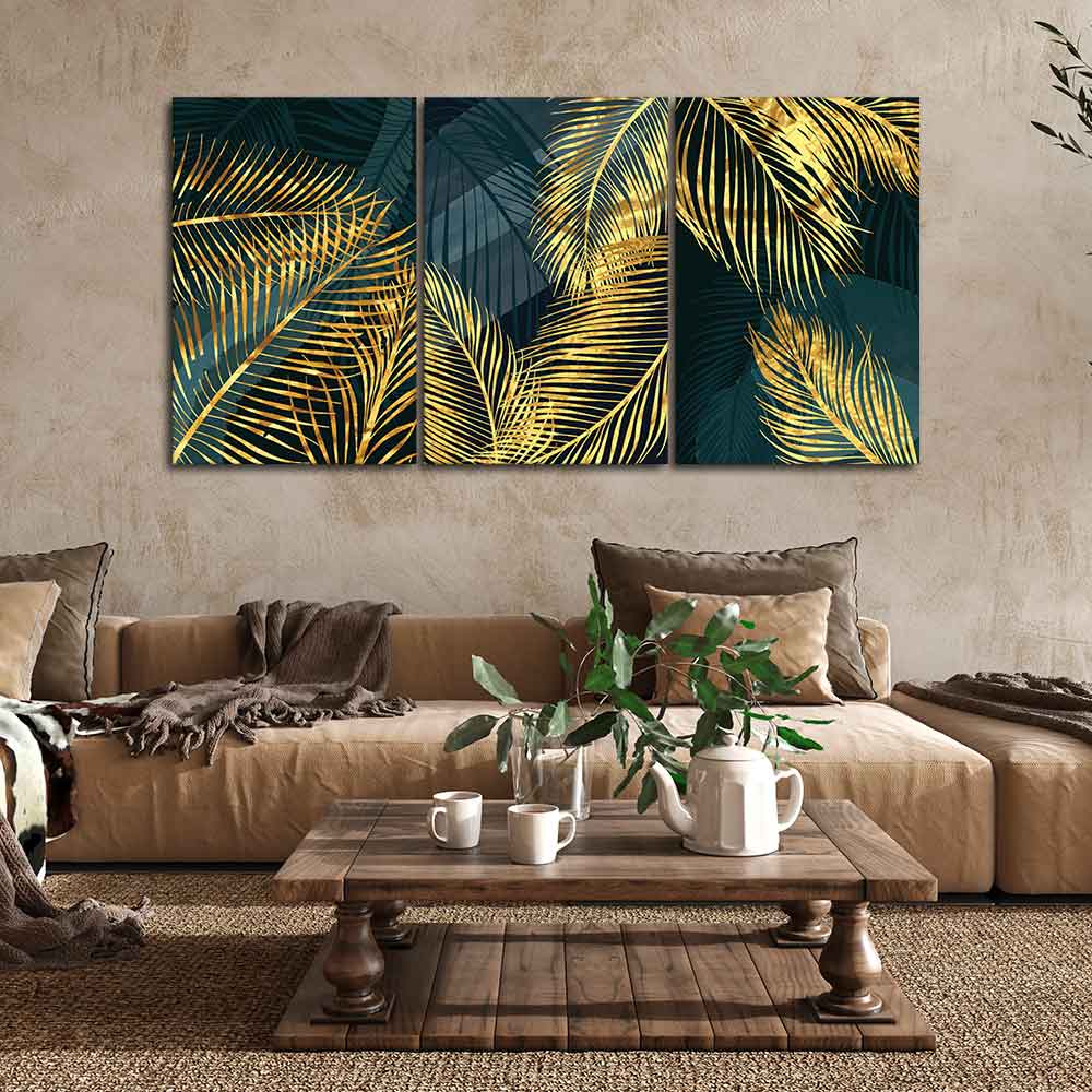 Golden Tropical Palm Leaves Canvas Wall Painting 3 Pieces - Image 3