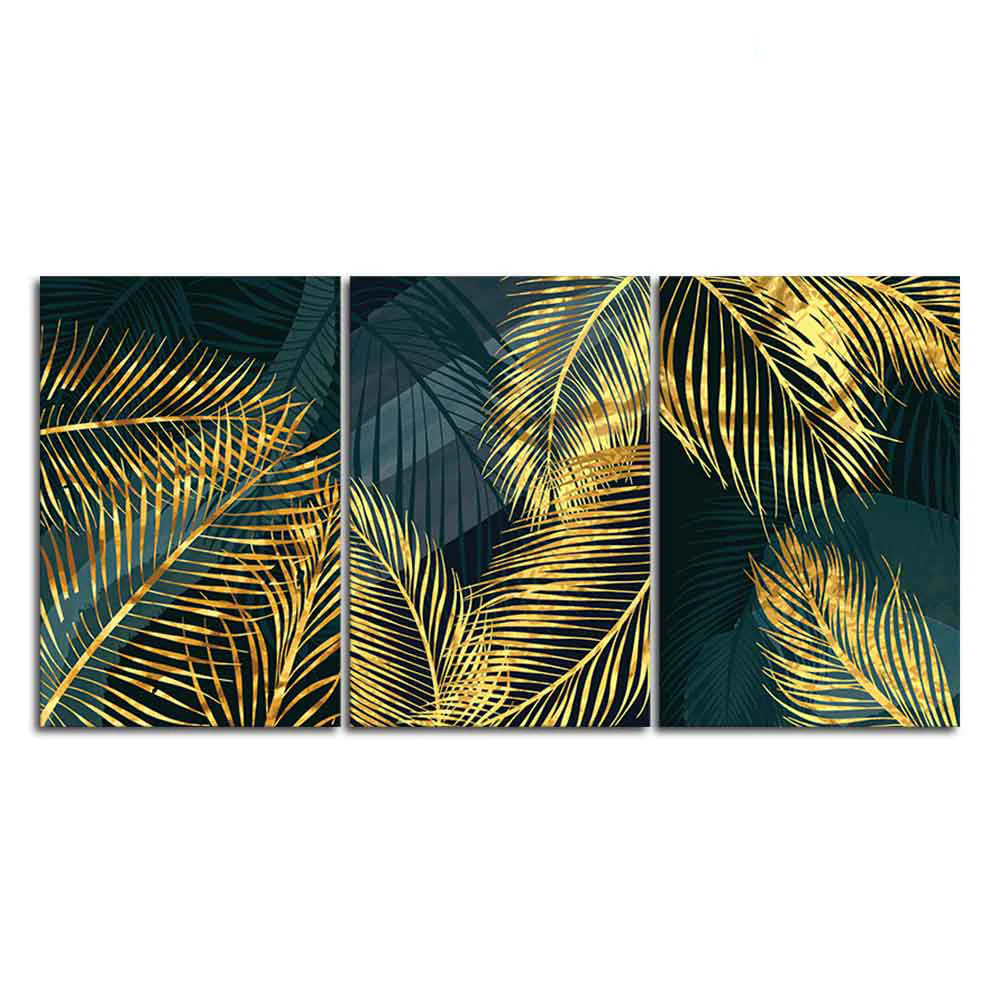 Golden Tropical Palm Leaves Canvas Wall Painting 3 Pieces - Image 4