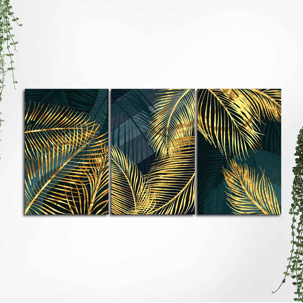 Golden Tropical Palm Leaves Canvas Wall Painting 3 Pieces - Image 5
