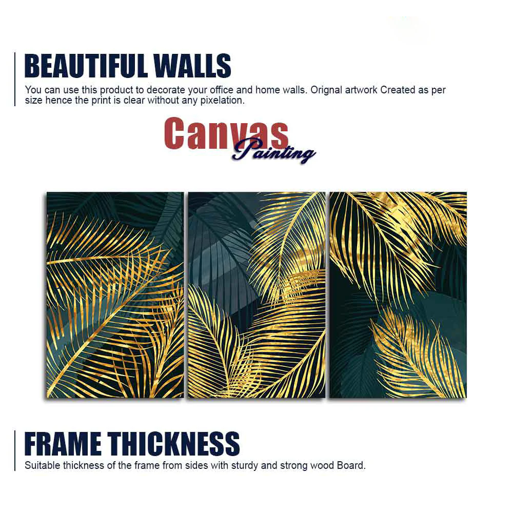 Golden Tropical Palm Leaves Canvas Wall Painting 3 Pieces - Image 6