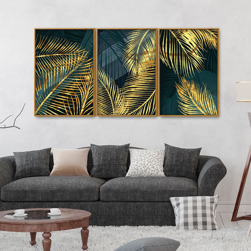 Golden Tropical Palm Leaves Floating Canvas Wall Painting Set of Three - Image 2
